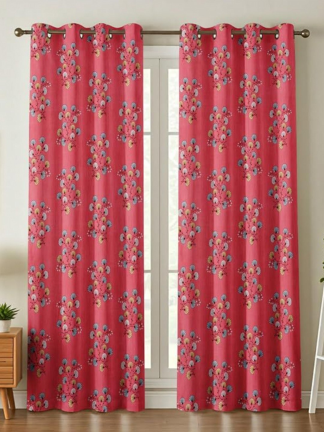 Myntra Elegant Homes Pink & Blue 2 Pieces Floral Printed Velvet Door Curtain