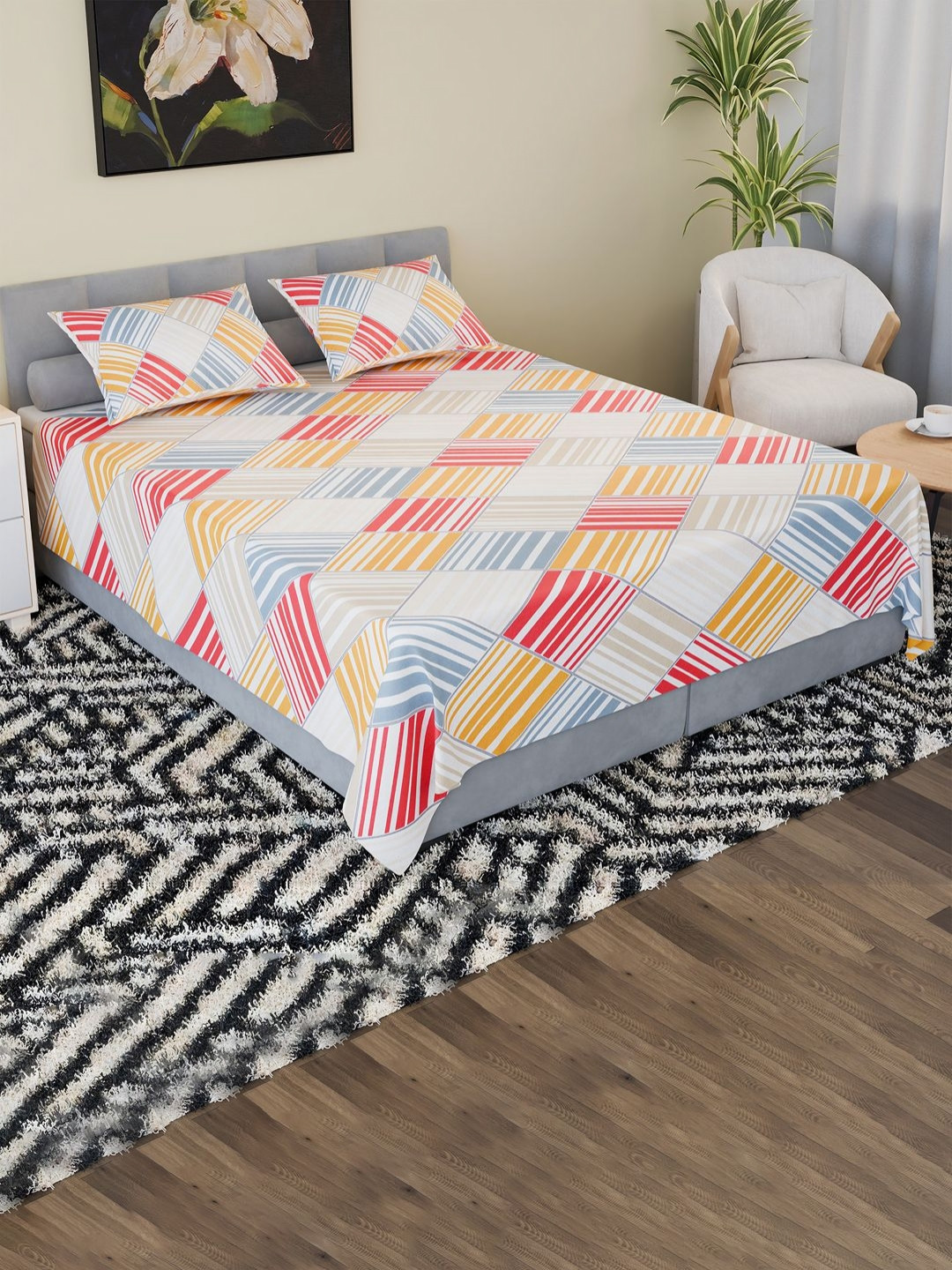 Aura White Geometric Cotton Reversible 350 TC King Superfine Bedsheet with 2 Pillow Covers-100 x 90 inches