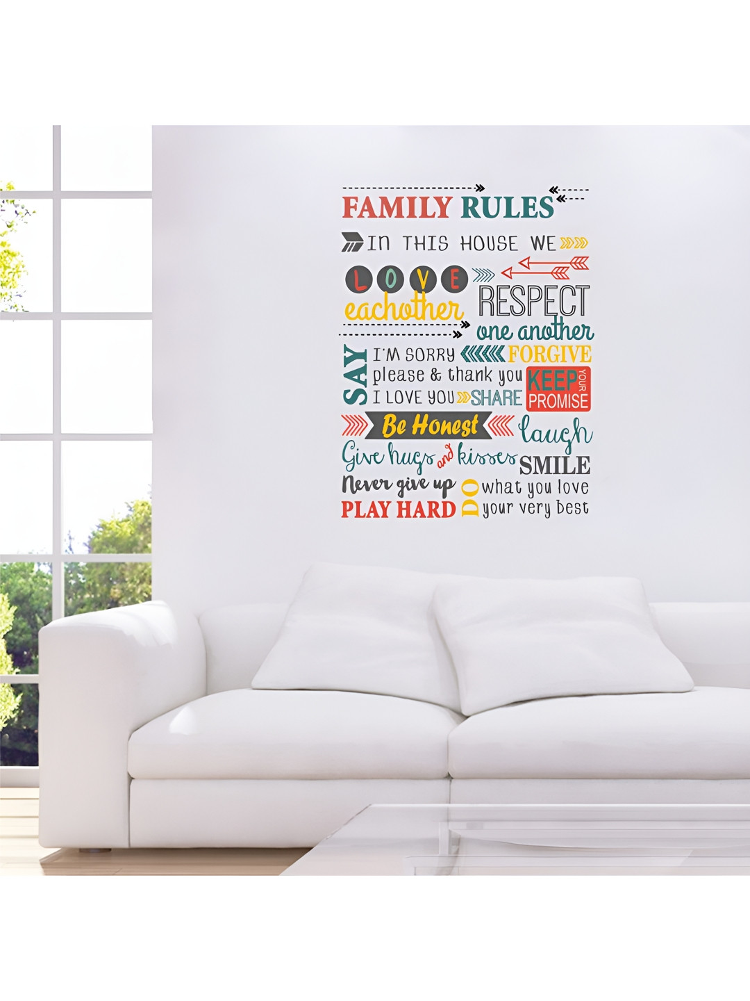 Aura Yellow & Red Happy Family Rules Printed Self Adhesive Wall Sticker