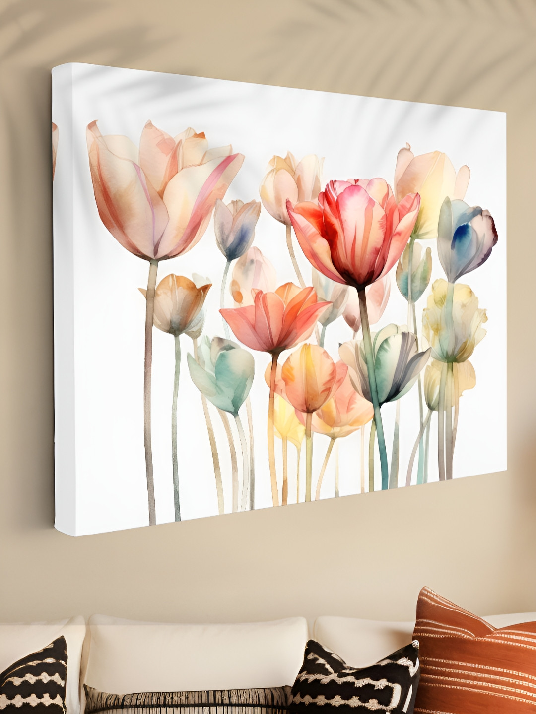Aura White & Peach Colored Tulips Printed Canvas Wall Art