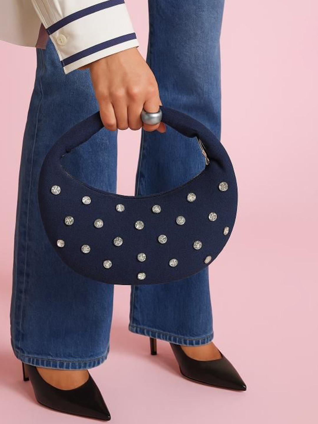 MODARTA Women Embellished Half Moon Embellished Handheld Bag