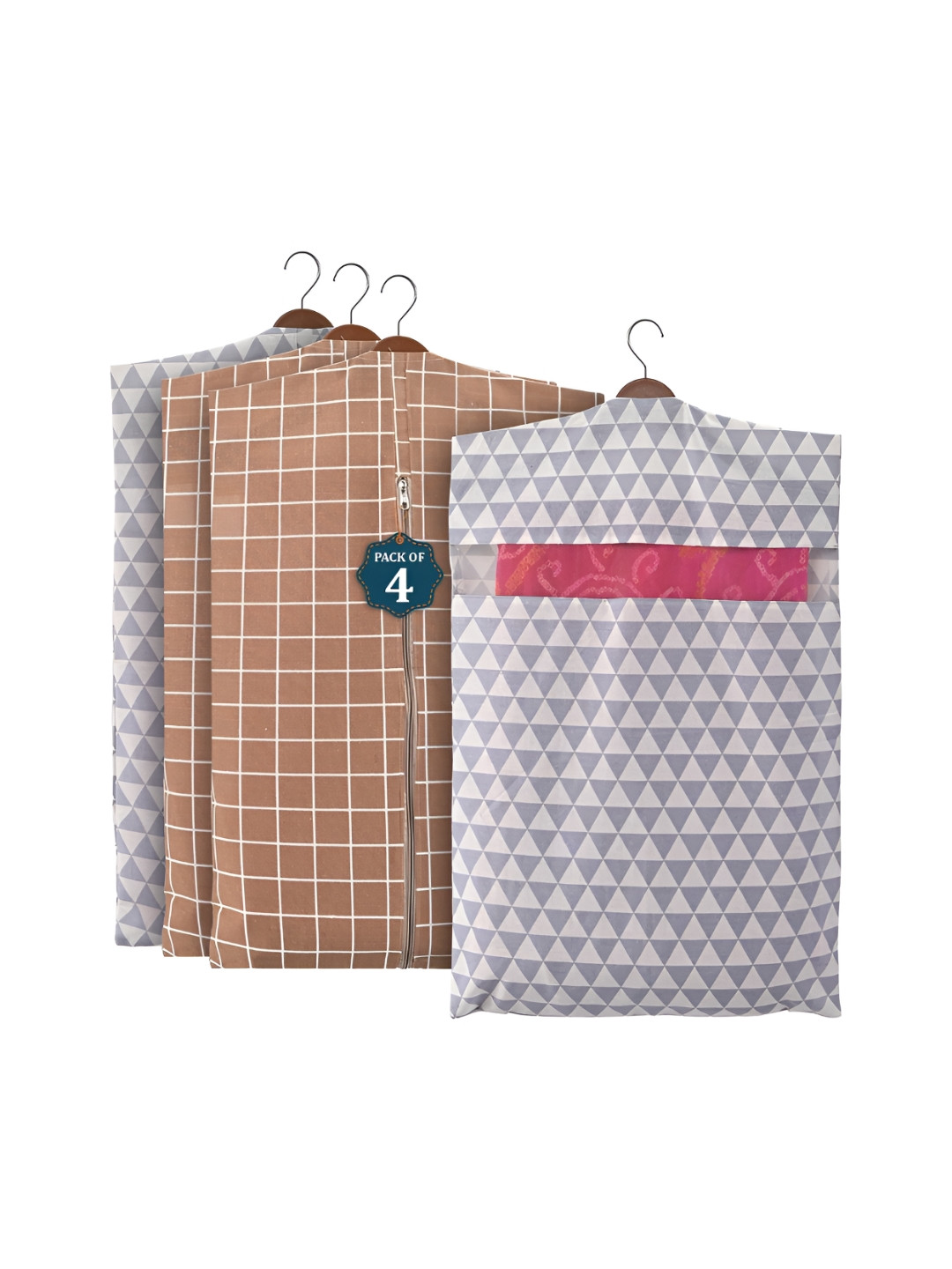 Aura Brown & Grey 4 Pieces Checked Cotton Hanging Saree Storage Covers Organisers