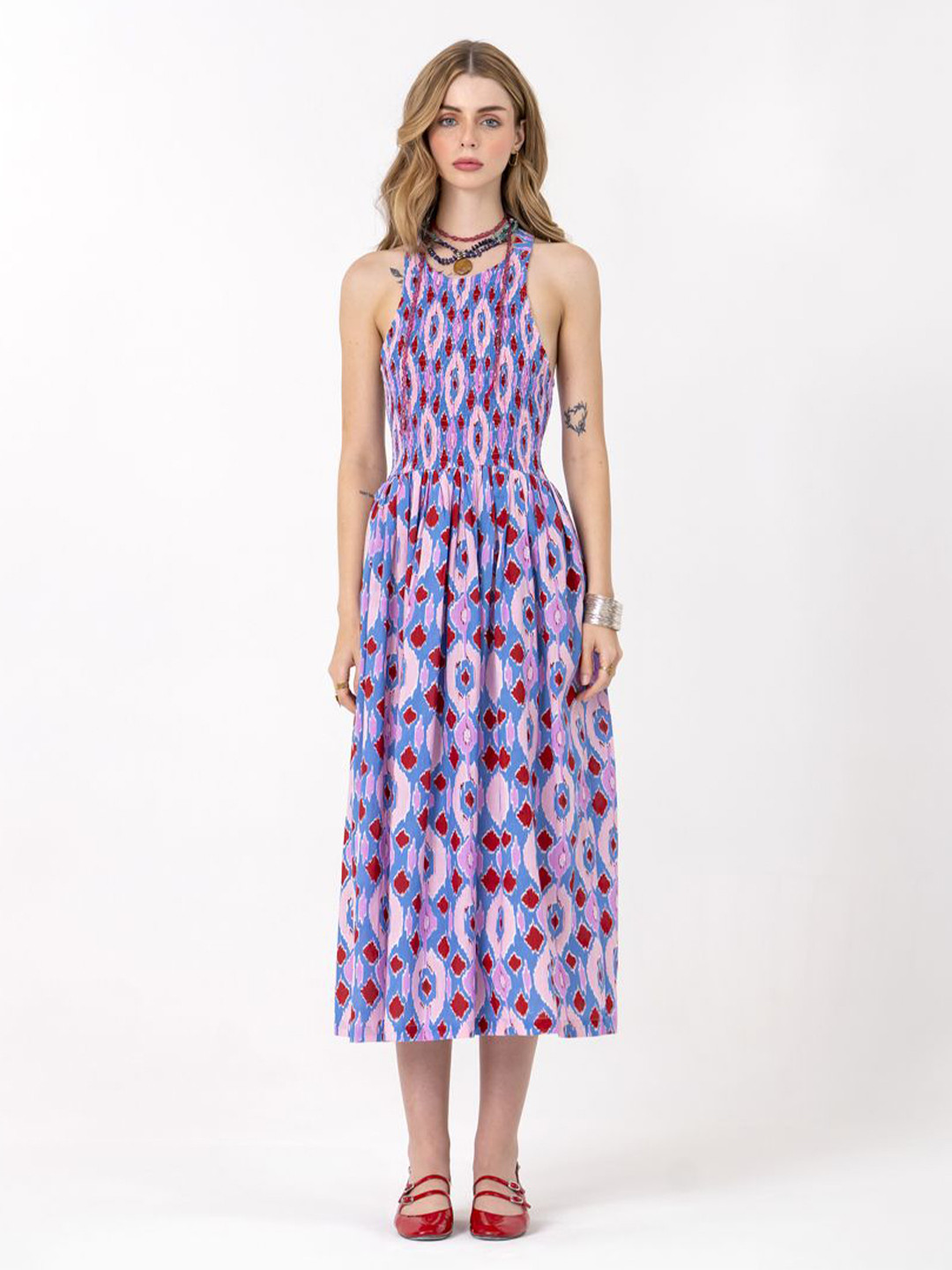 KALAMIR Women Geometric Printed Sleeveless Smoked Fit & Flare Midi Dress