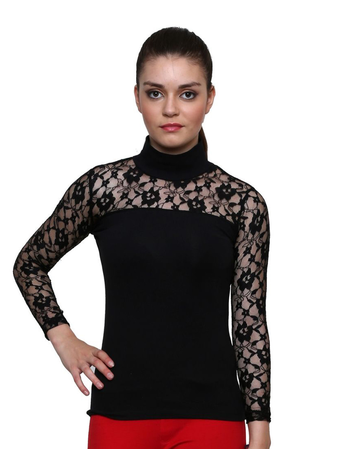 LE BOURGEOIS Women Embroidered High Neck Fitted Cotton Top