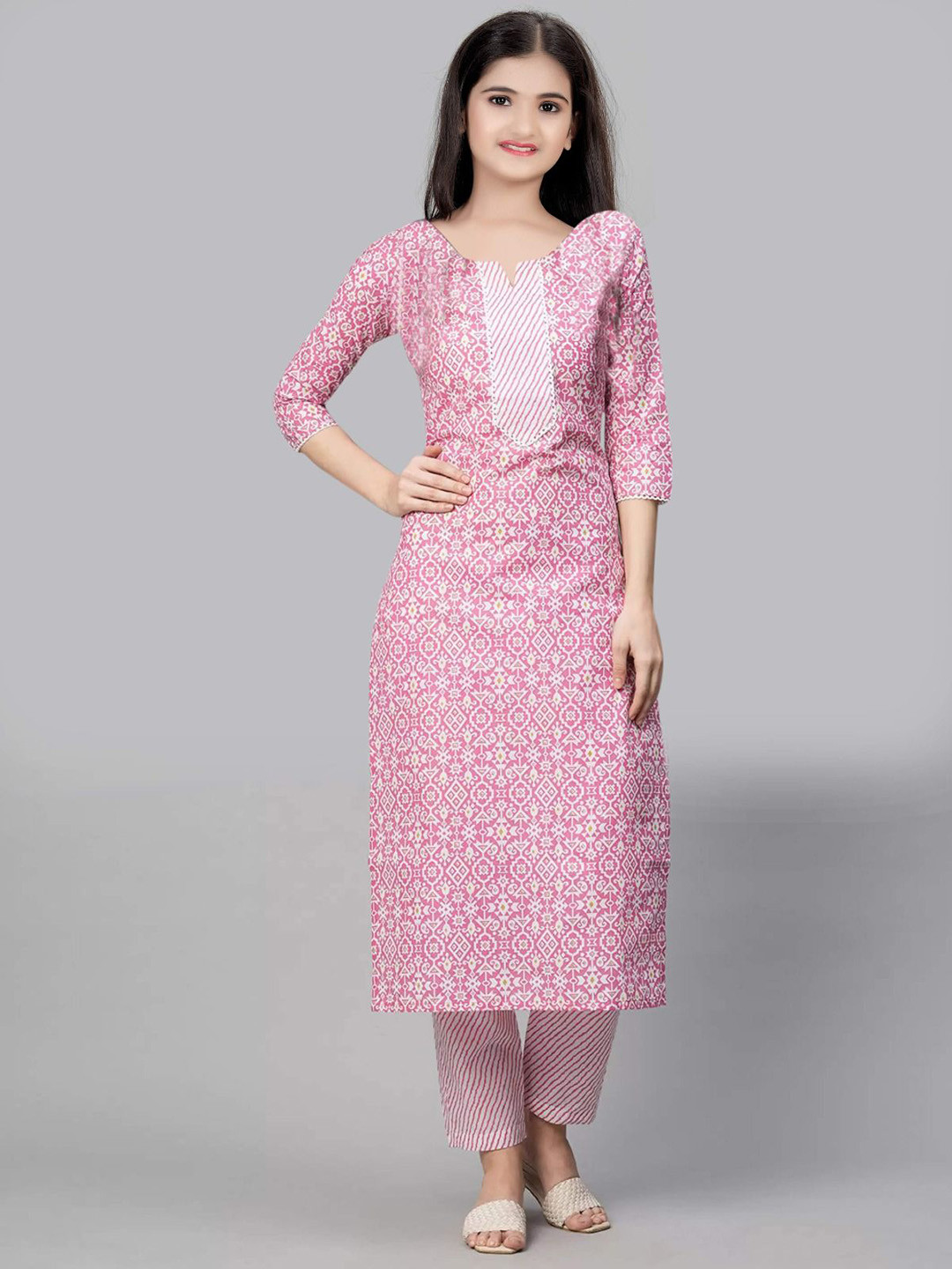 Vetrokart Girls Floral Printed Raw Silk Notch Neck Straight Kurta With Trousers