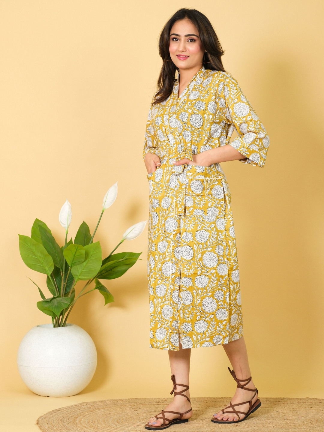 Marika Kimono Brown Floral Cotton Drawstring Midi Bath Robe