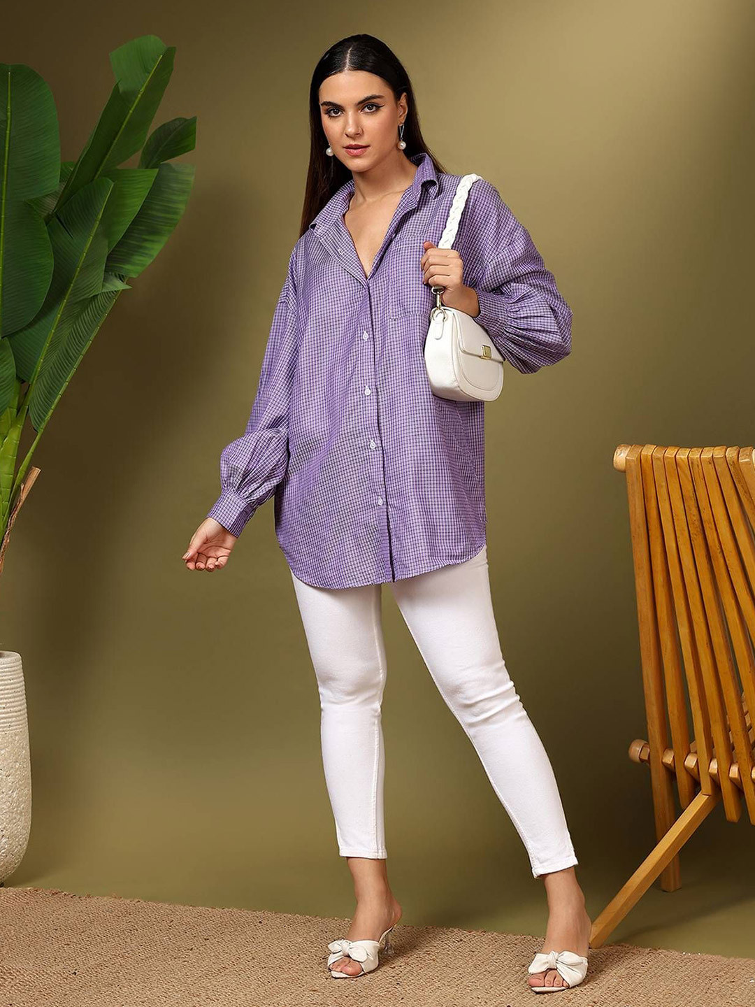 Stylecast X Kotty Purple & White Checked Relaxed Fit Oversized Casual Shirt