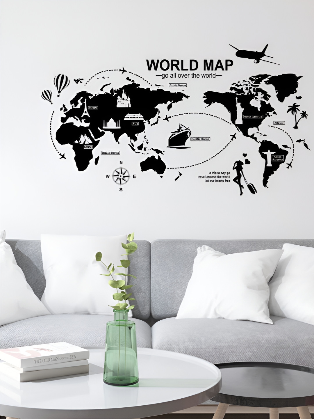 Aura Black Travel-Themed  World Map Printed Self Adhesive Wall Sticker