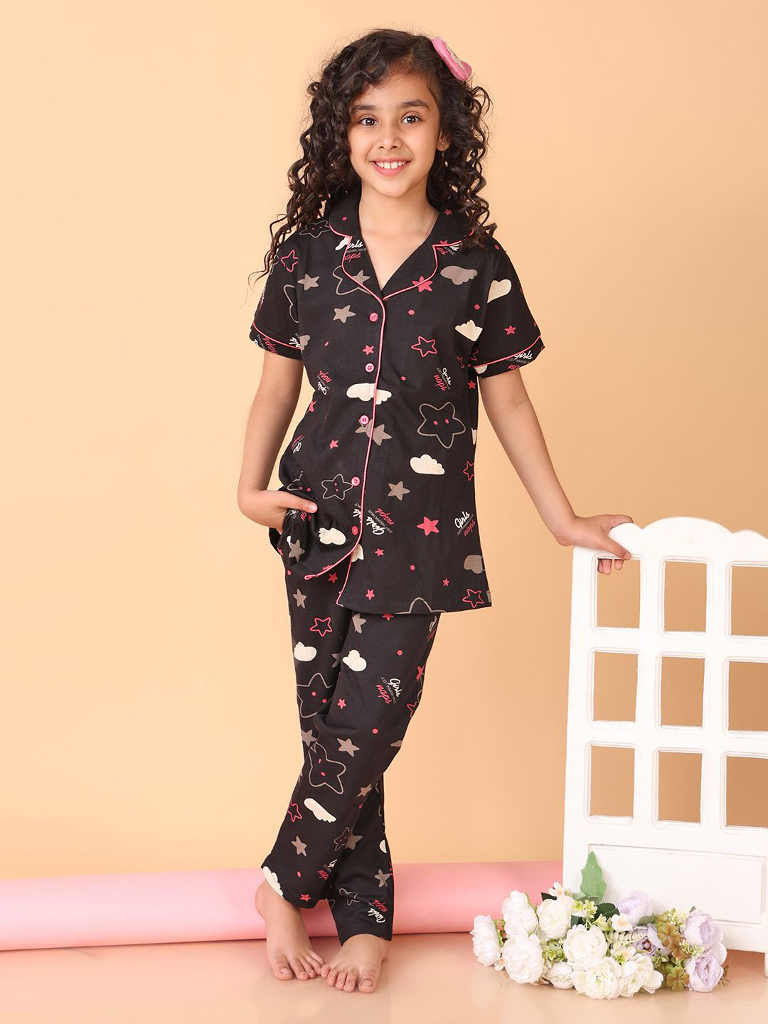 Bloem Girls Graphic Printed Lapel Collar Shirt Pyjamas Night suit