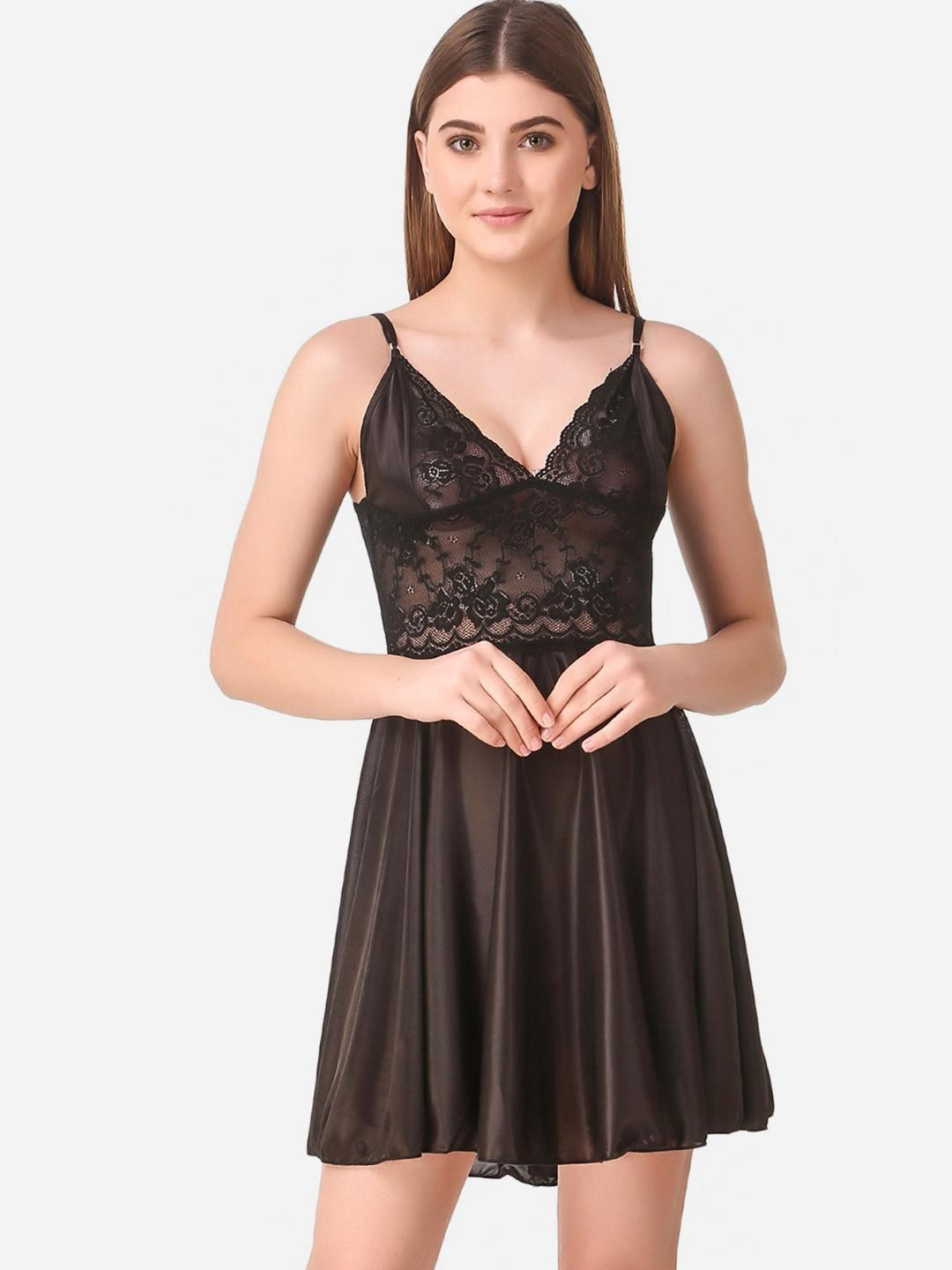 Dreambe Women Black Satin Baby Dolls