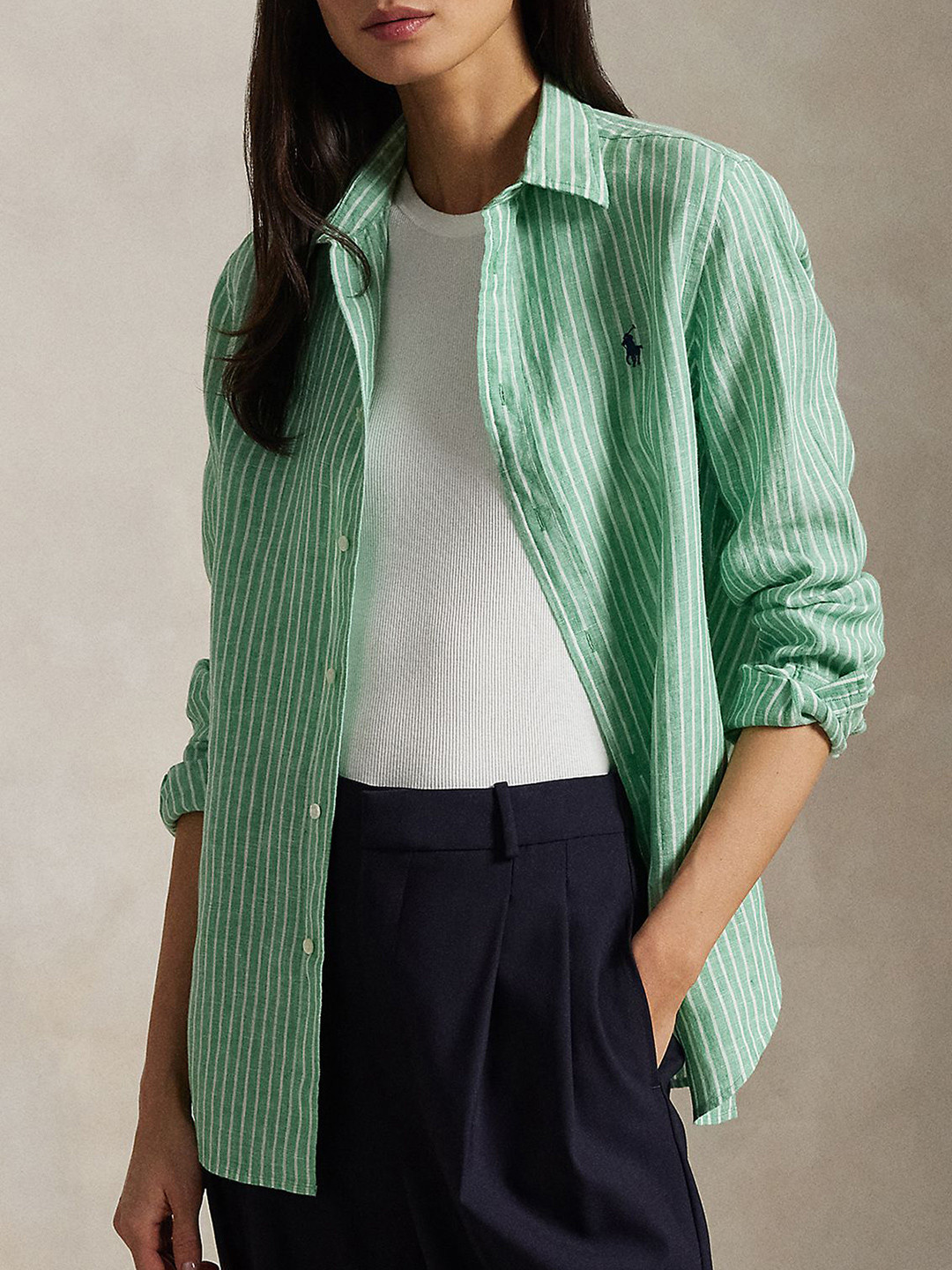 Polo Ralph Lauren Women Vertical Striped Spread Collar Linen Casual Shirt