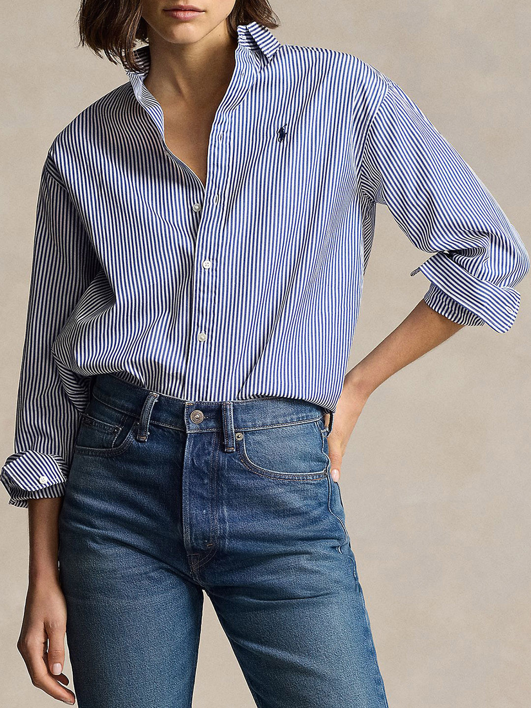 Polo Ralph Lauren Women Relaxed Fit Vertical Striped Spread Collar Cotton Casual Shirt