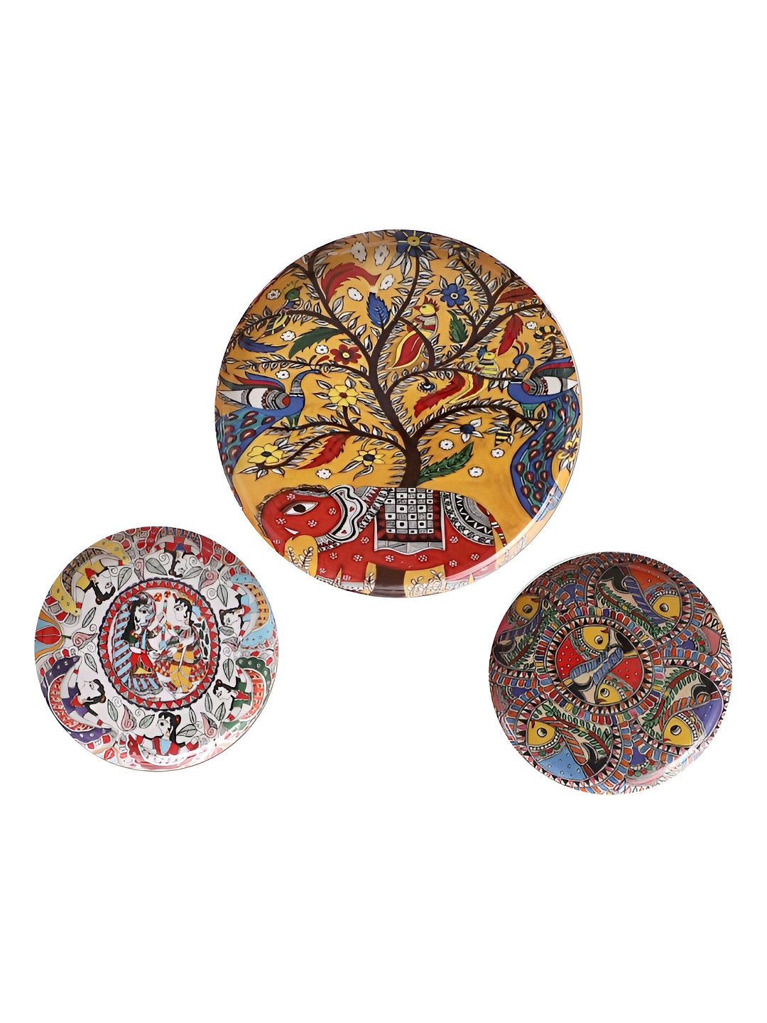 Amaya Decors Elephant & Fish Metal Ethnic Motifs Glossy Hanging Hall 3Pcs Wall Plates-10In