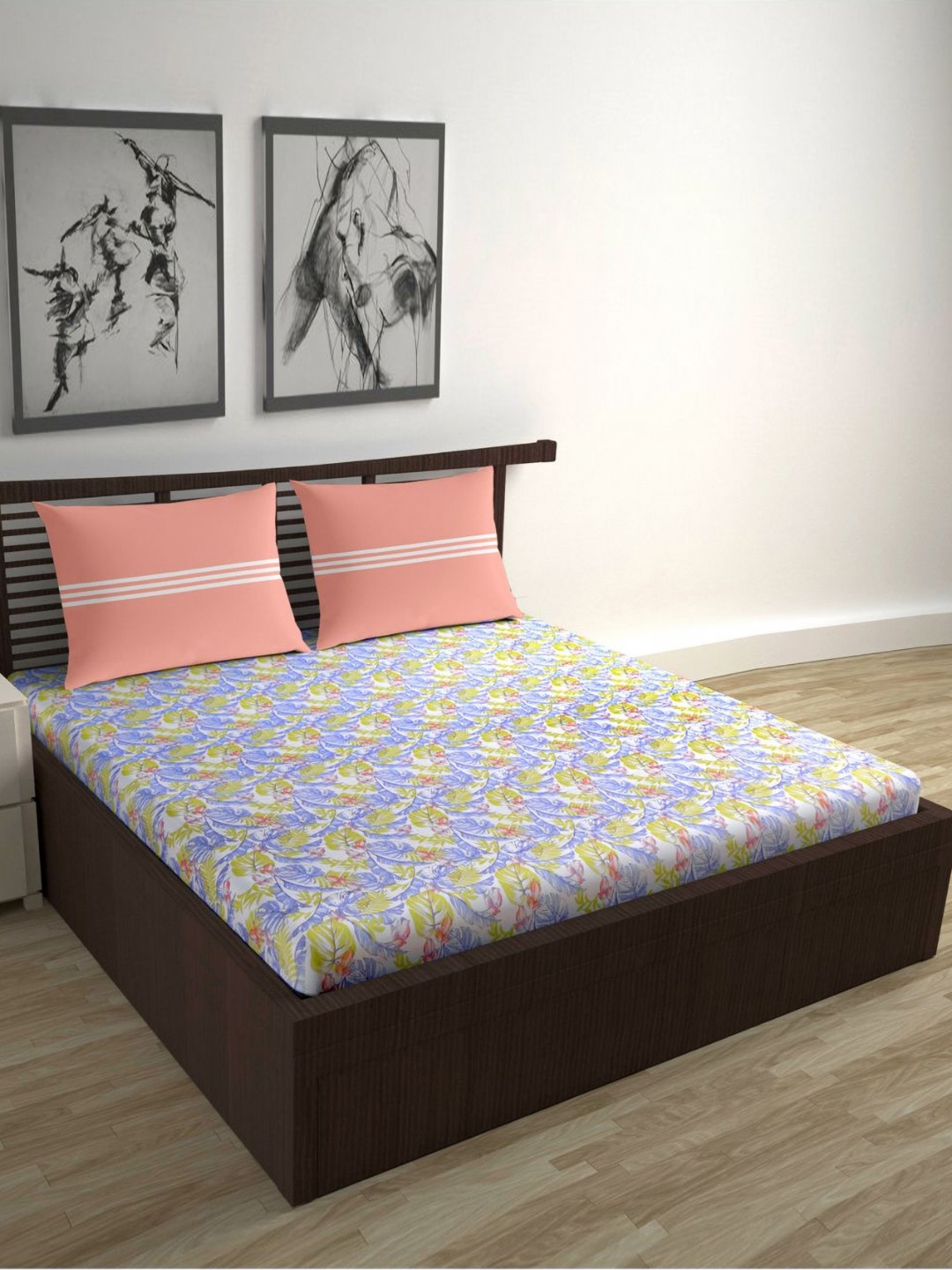 Divine Casa Lavender & Yellow Floral 144 TC Queen Bedsheet with 2 Pillow Covers