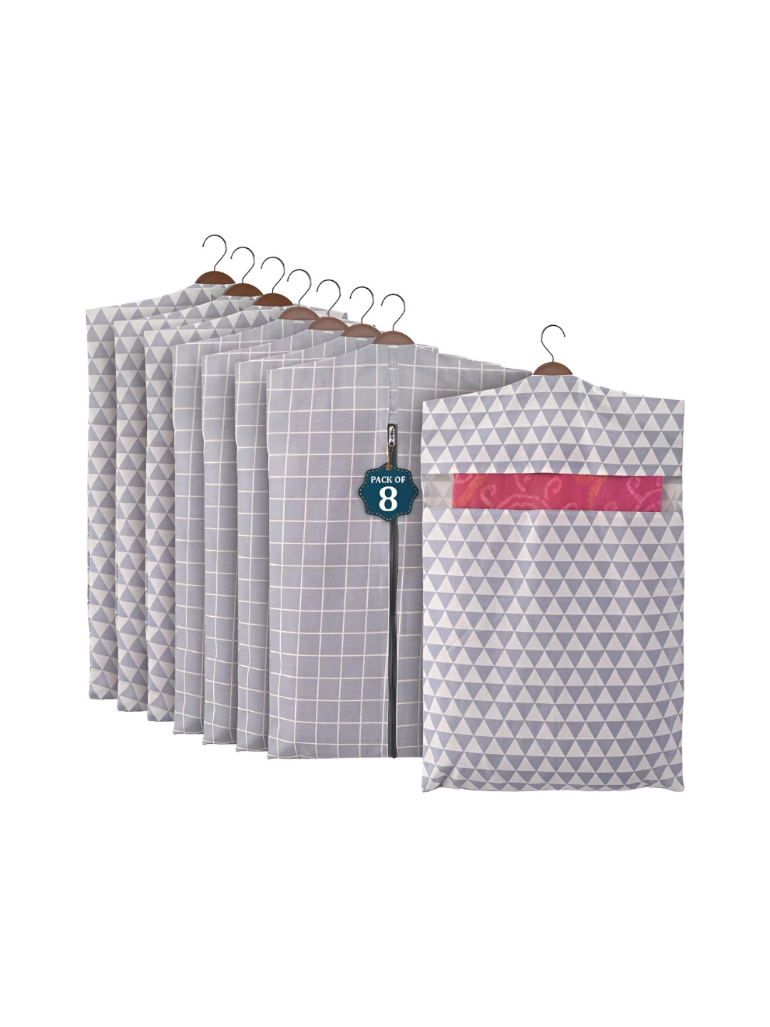 Aura Grey & White 8 Pieces Printed Cotton Hanging Saree Storage Cover Organisers
