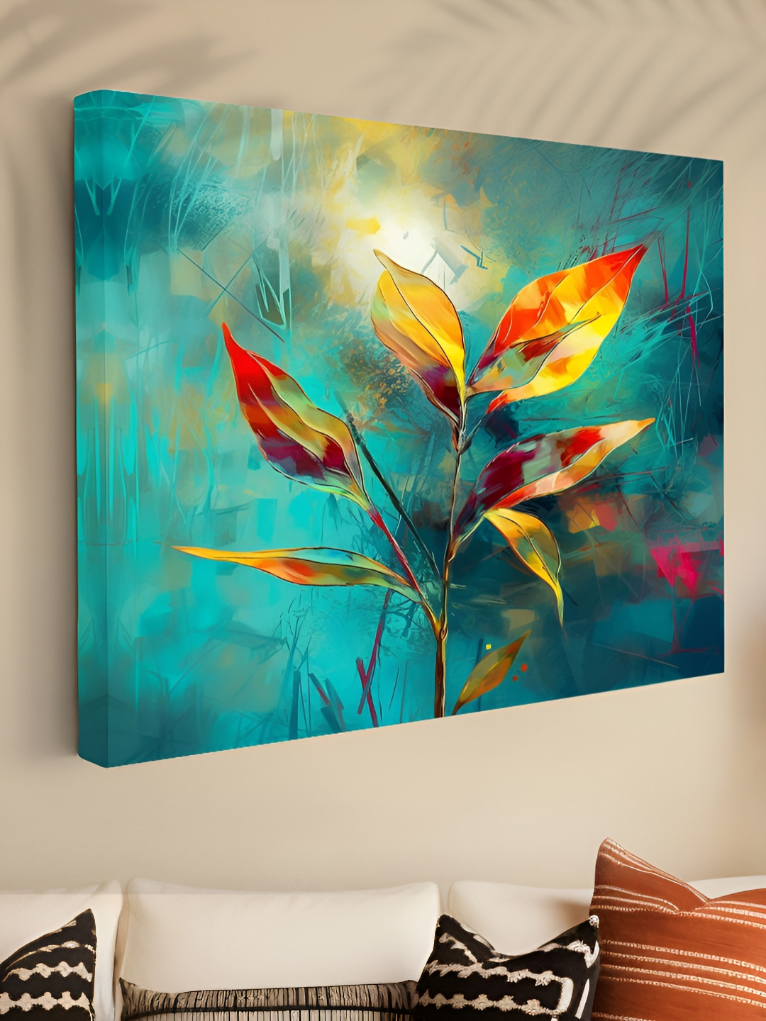 Myntra Elegant Homes Green & Red Abstract Colorful Leaf Canvas Wall Art