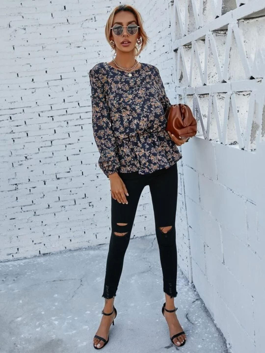 Stylecast X Kotty Floral Printed Cuffed Sleeves Peplum Cotton Top
