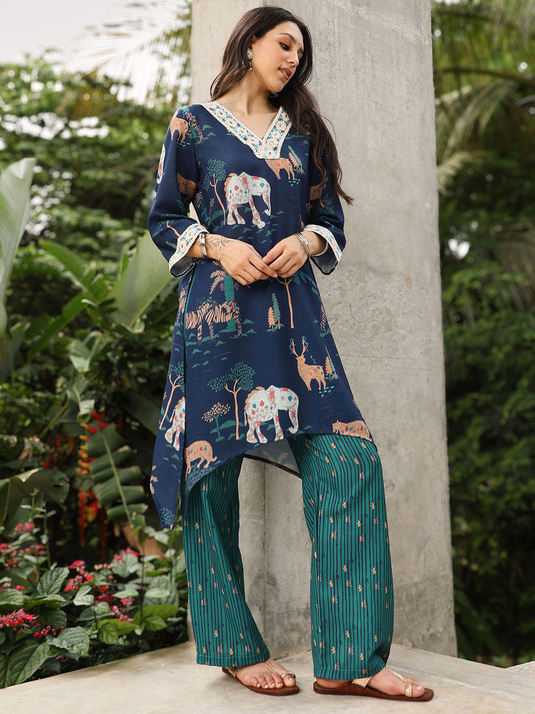 QISSA Navy Blue Animal Printed V-Neck Linen Kurti With Trousers Kurta Set