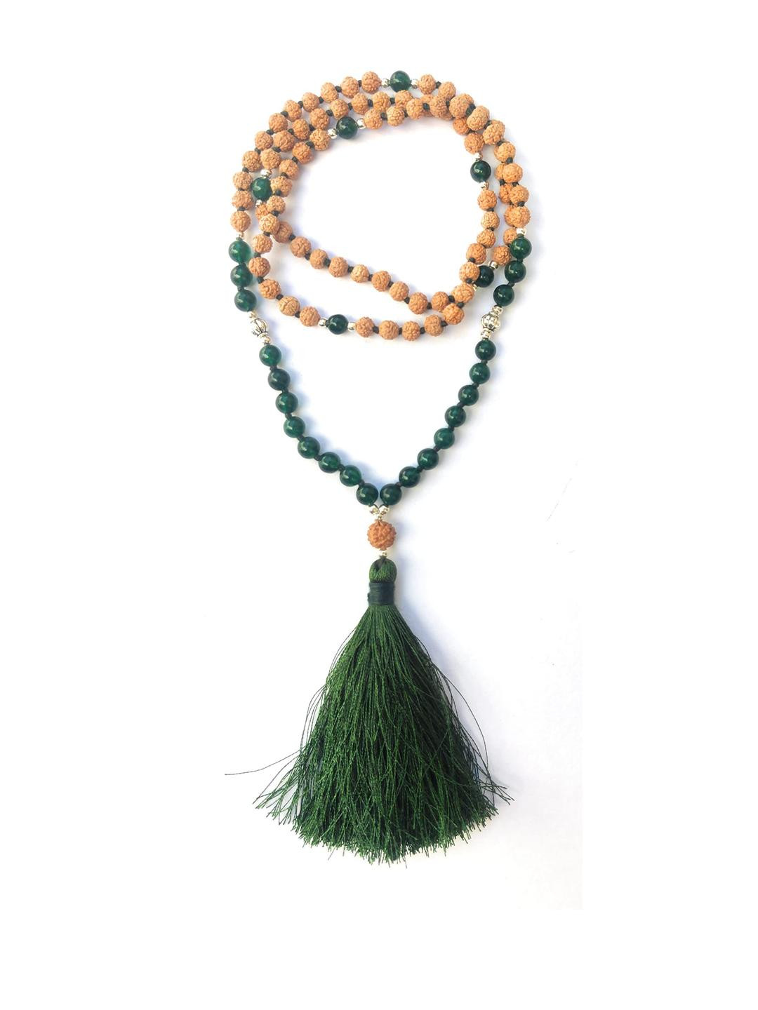 Apnisanskriti Unisex 5 Mukhi Rudraksha Dark Green Agate Stone Designer Mala