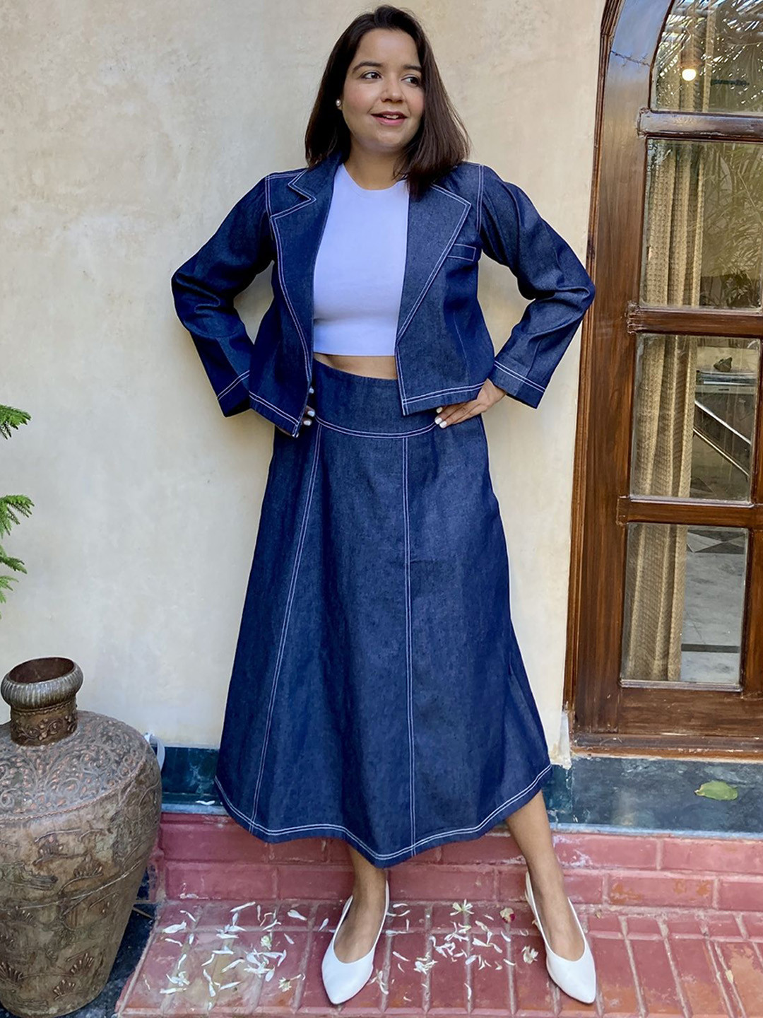 Label Tanvee Navy Blue Denim Top With Skirt Co-Ord Set