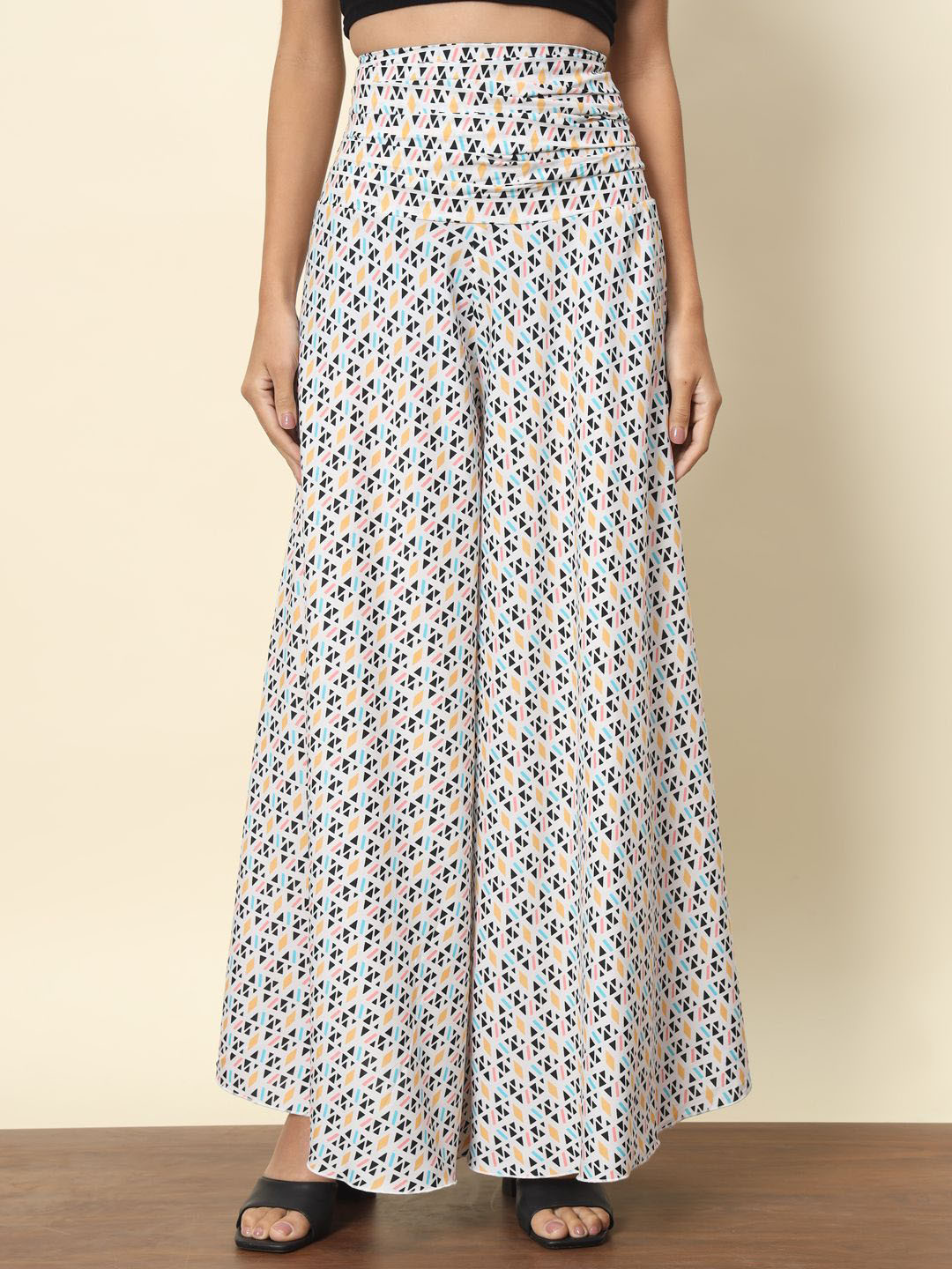 CORSICA Women Geometric Printed Flared Wide Leg High-Rise Pleated Trousers