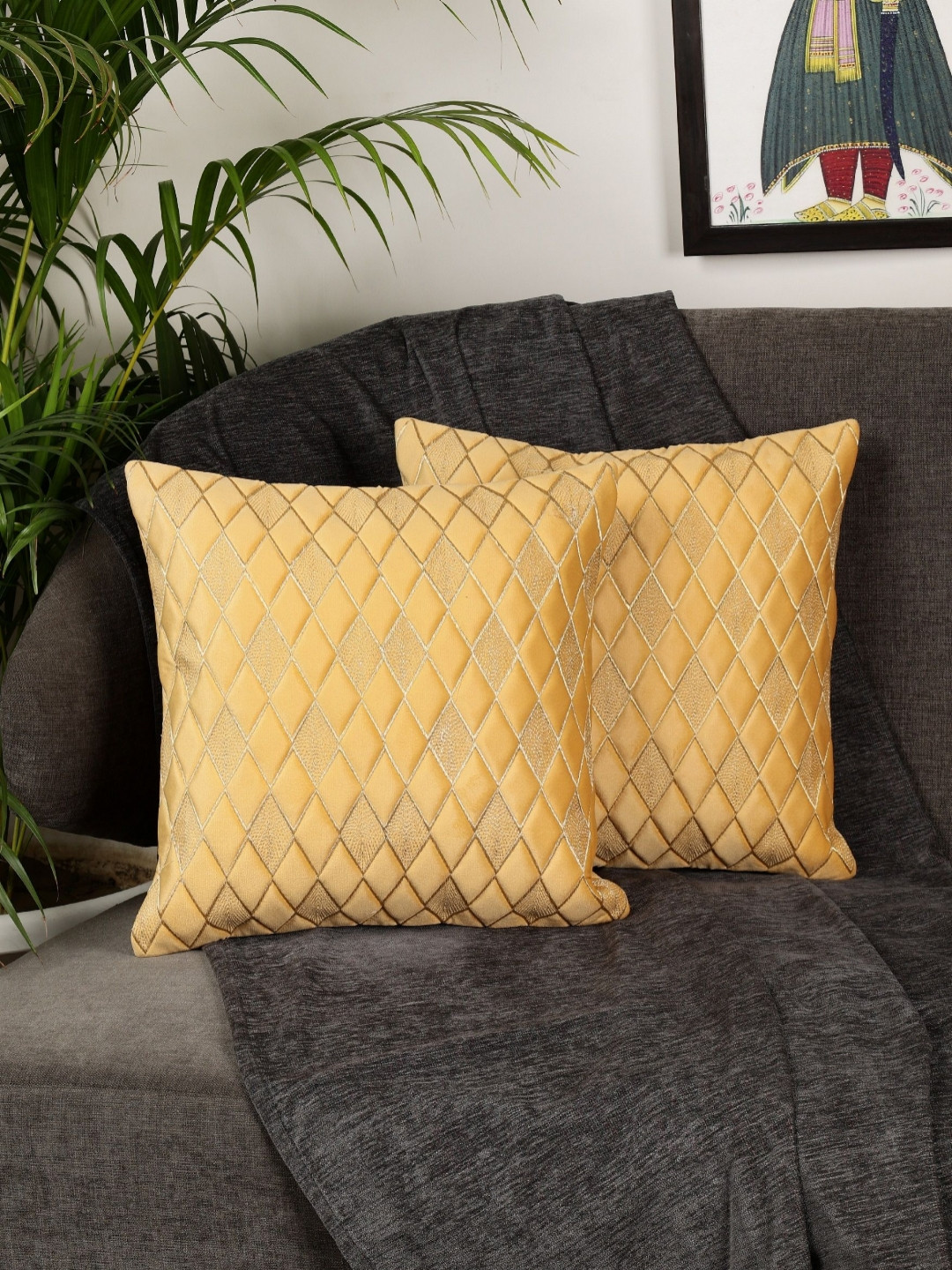 MONKDECOR Diamond Yellow Velvet Washable 2 Pcs Embroidered Square Cushion Covers -12x12In