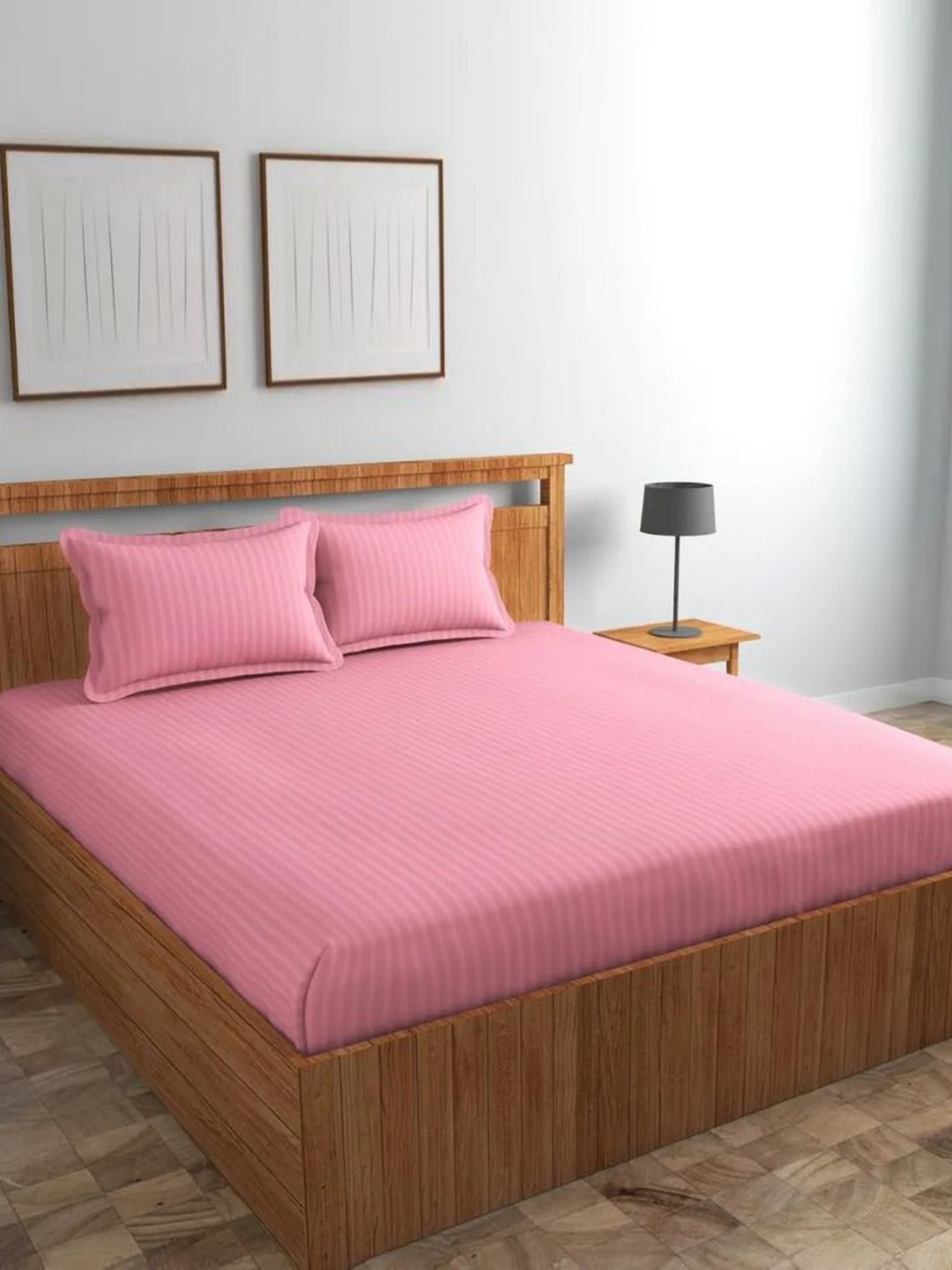 Bedbathandbliss Pink Striped Polycotton 300 TC Super King Fine Bedsheet with 2 Pillow Covers-108 x 108 inches
