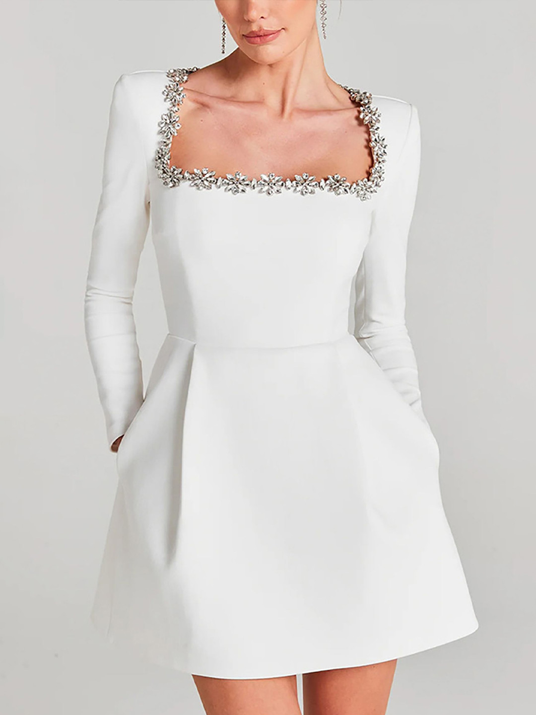 bebe White Rhinestone Embellished Square Neck Long Sleeve Fit & Flare Mini Dress