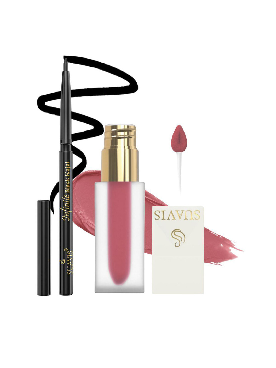 SUAVIS Set Of 2 Matte Liquid Lipstick - Peach Bellini 204 With Infinite Kajal - Black