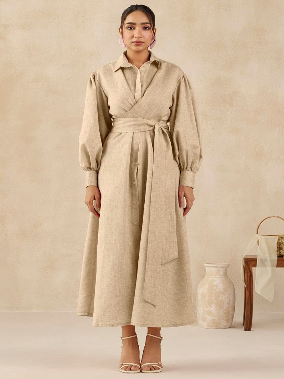 SIL SILA Solid Linen Cuffed Sleeves Maxi Dress