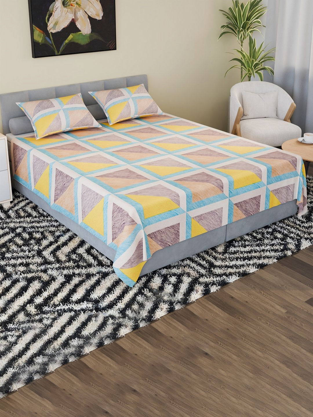 Aura Yellow Geometric Cotton Reversible 144 TC King Bedsheet with 2 Pillow Covers-94 x 89 inches