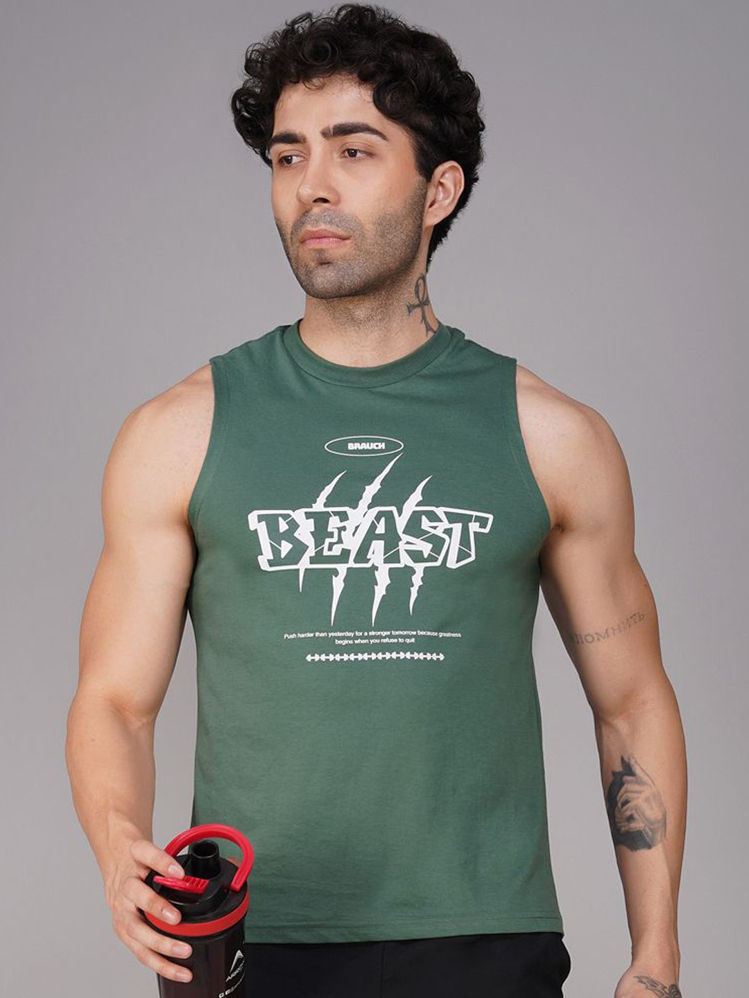 Brauch Printed Scoop Neck Gym Vests M-VEST-BEAST-OLIVE-S