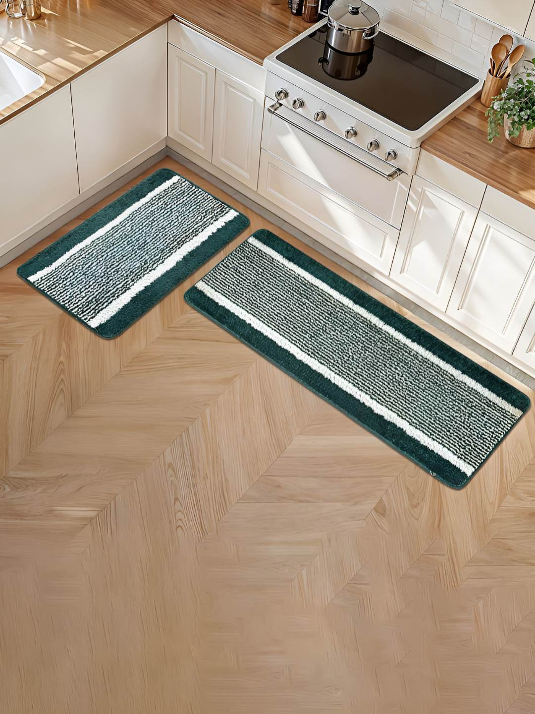 Myntra Elegant Homes 2-Pcs Green & White Striped Kitchen Mats For Floor Anti Slip