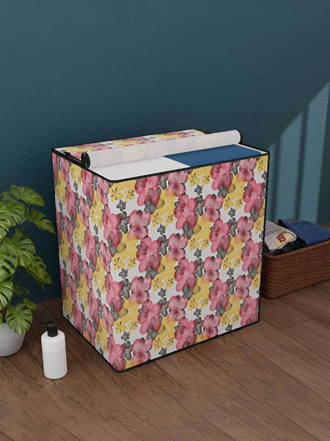 Myntra Elegant Homes White & Pink Printed Waterproof Washing Machine Cover With Zip