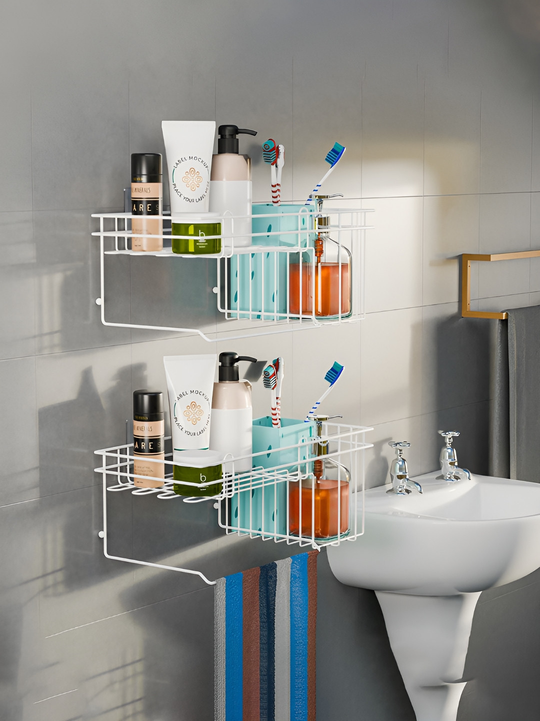 Aura White Set Of 2 Iron Self Adhesive Bathroom Caddy