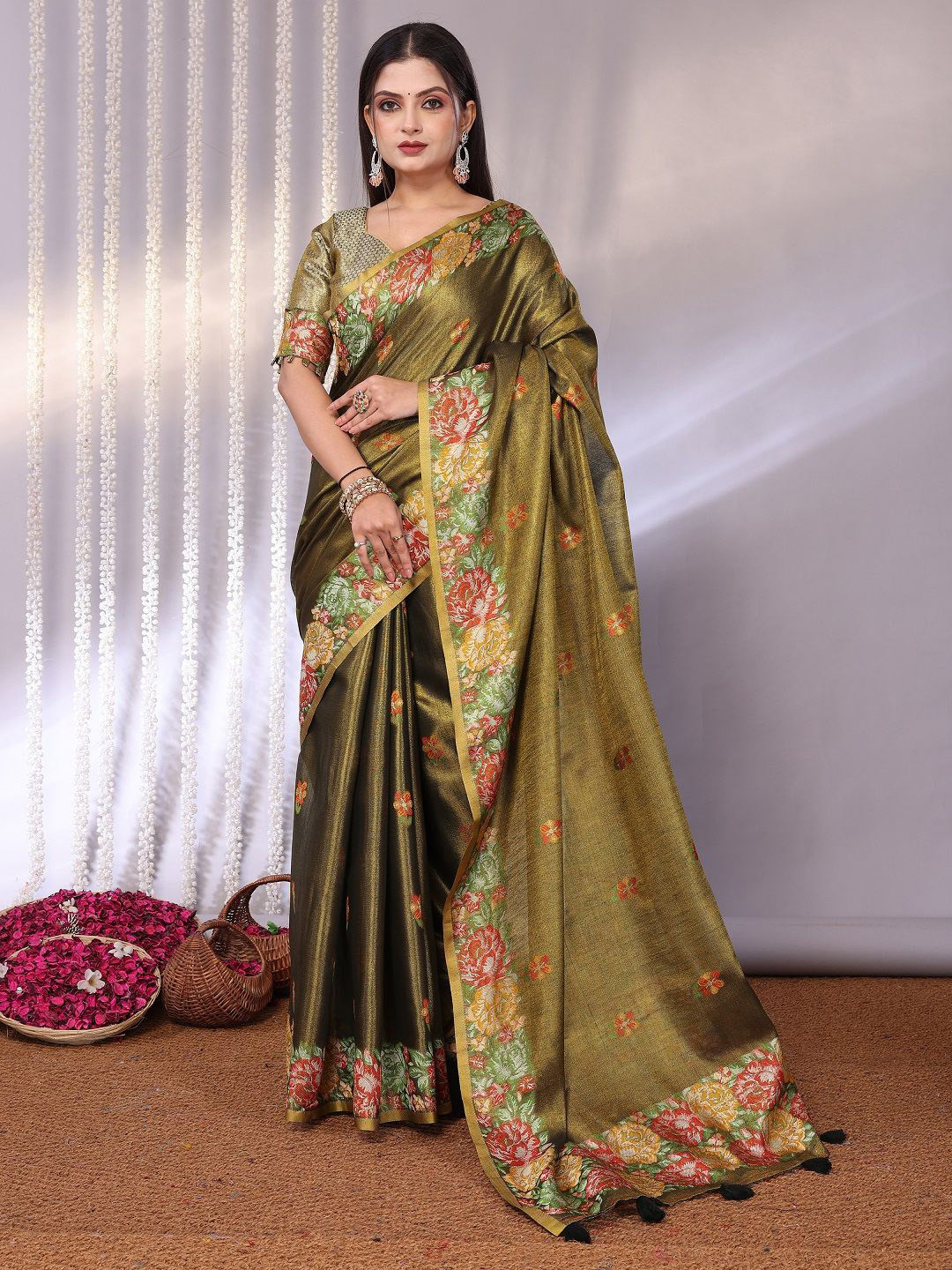 SWORNOF Foral Printed Zari Tissue Banarasi Saree