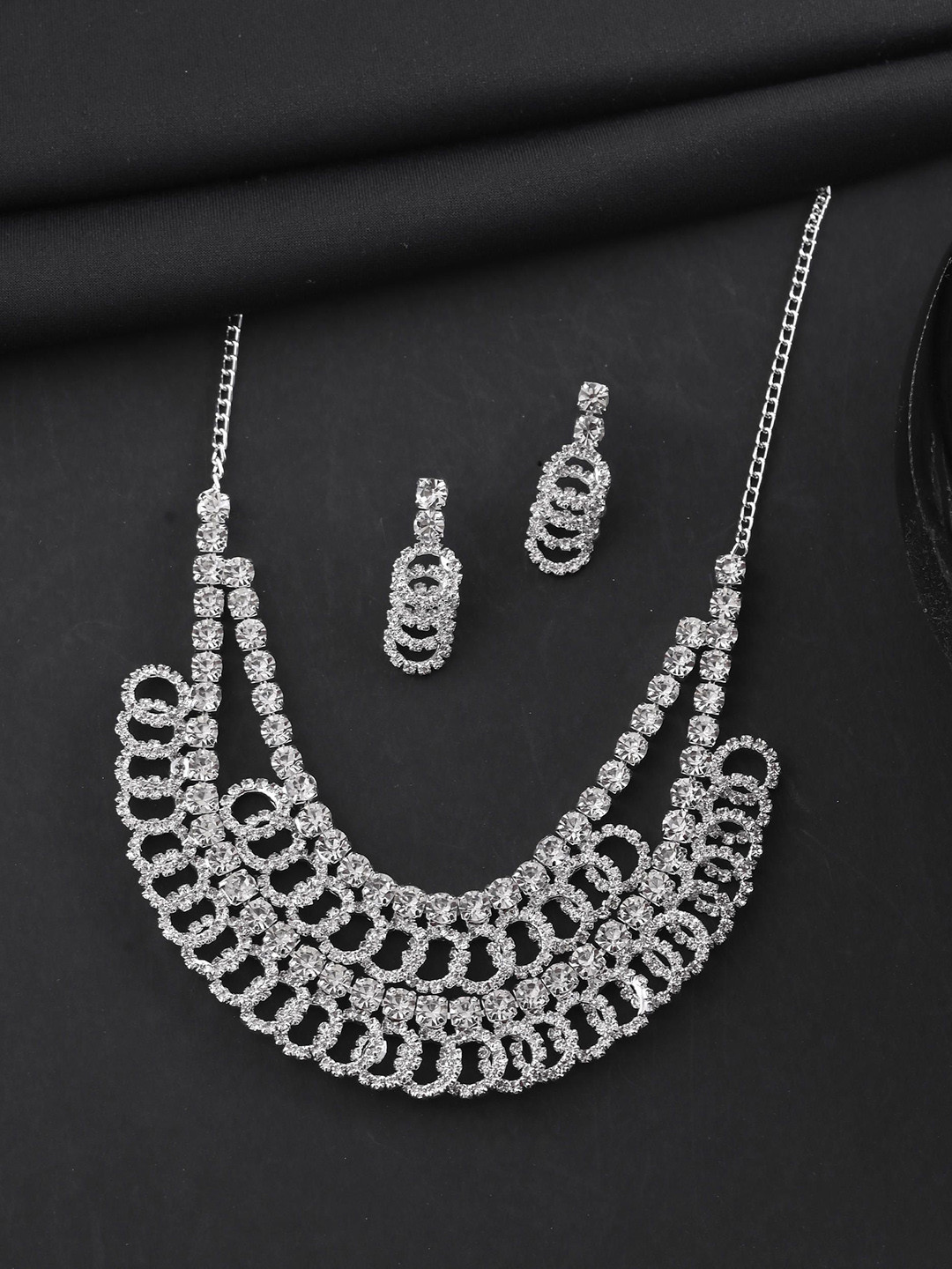 VOJ Silver-Plated Stones Studded Circular Multi Layer Jewellery Set