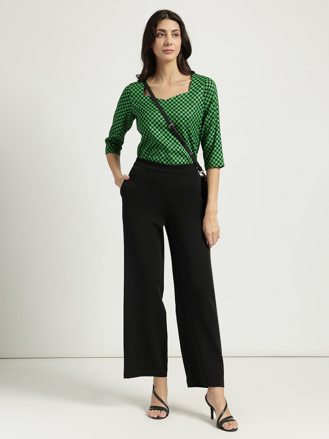 FableStreet Sweetheart Neck Polka Green Top