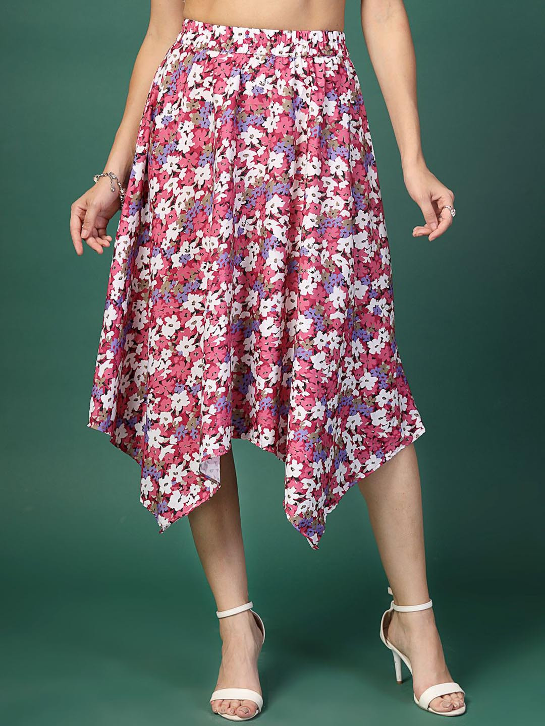 OOMPH! FACTOR  Floral Printed A-Line Midi skirt With Adjustable Waist & Handkerchief Hem