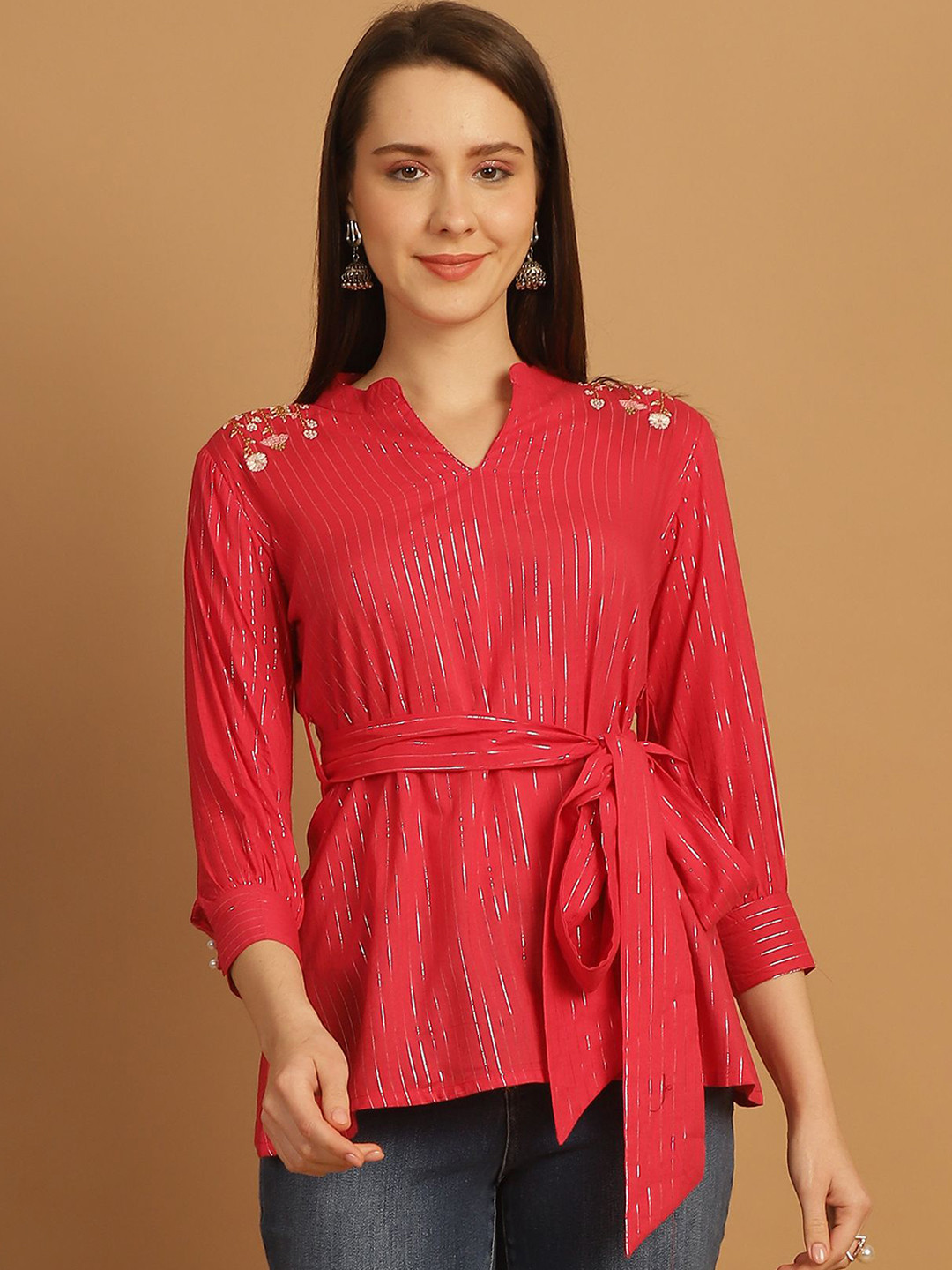 Merira Women Embroidered Tie-Ups Mandarin Collar Tunic