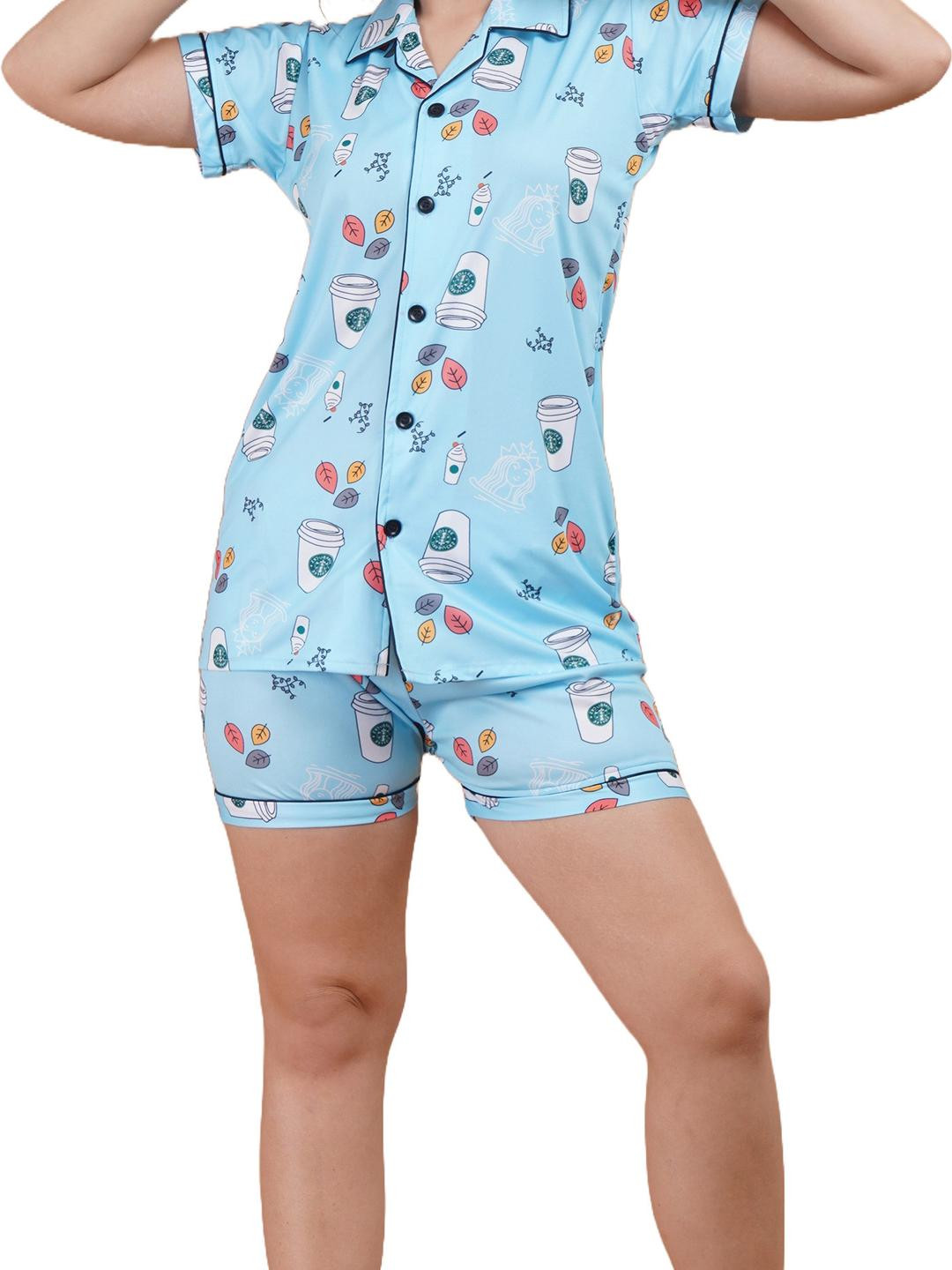 GuSo Shopee Women Blue Cotton Blend Night suits