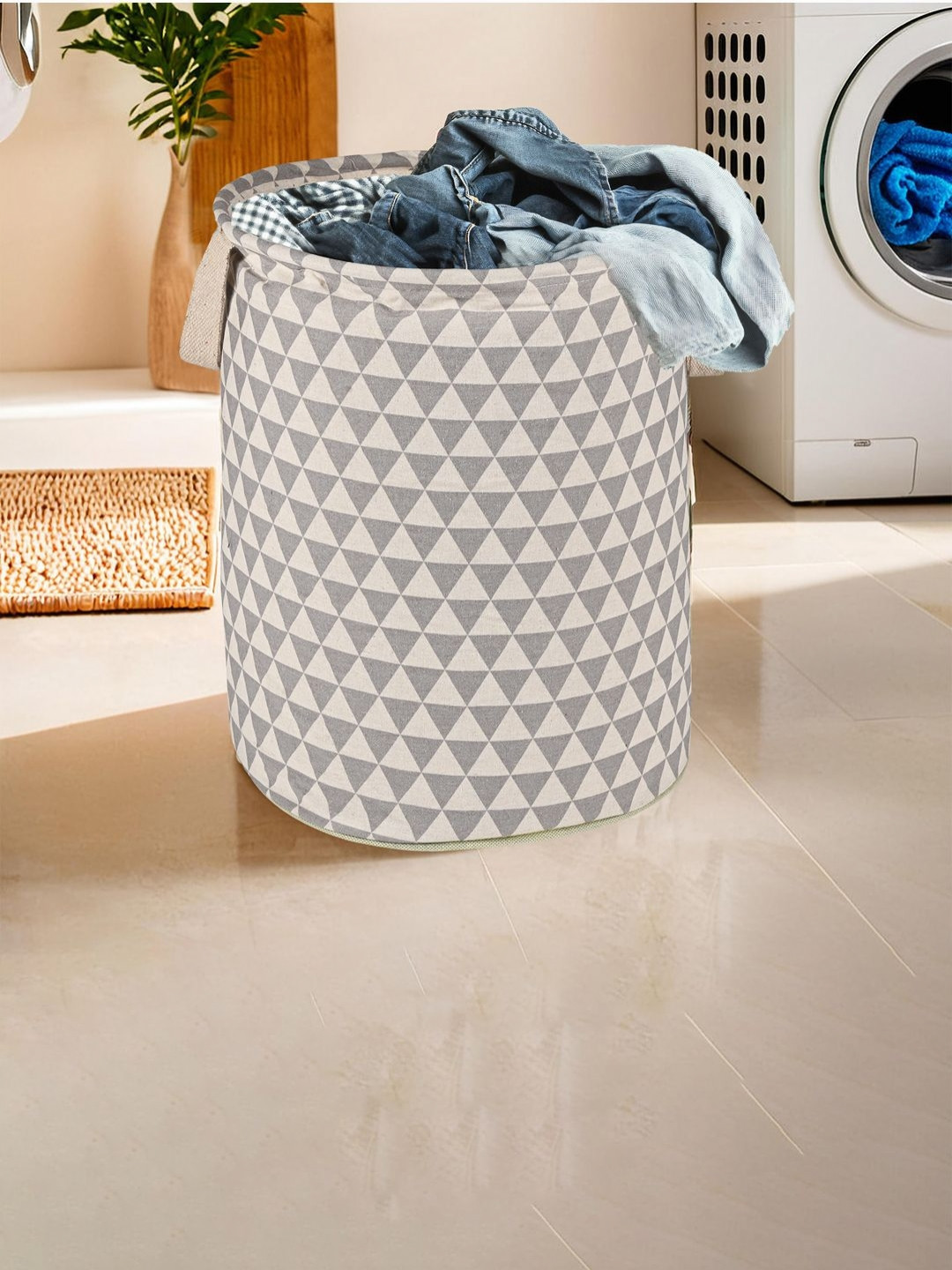 Myntra Elegant Homes Grey & Beige Triangular Cotton Foldable & Portable Laundry Bag-60 L