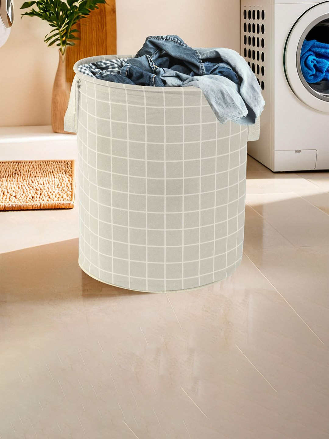 Myntra Elegant Homes Grey & White Checked Cotton Foldable & Portable Laundry Bag - 60 L