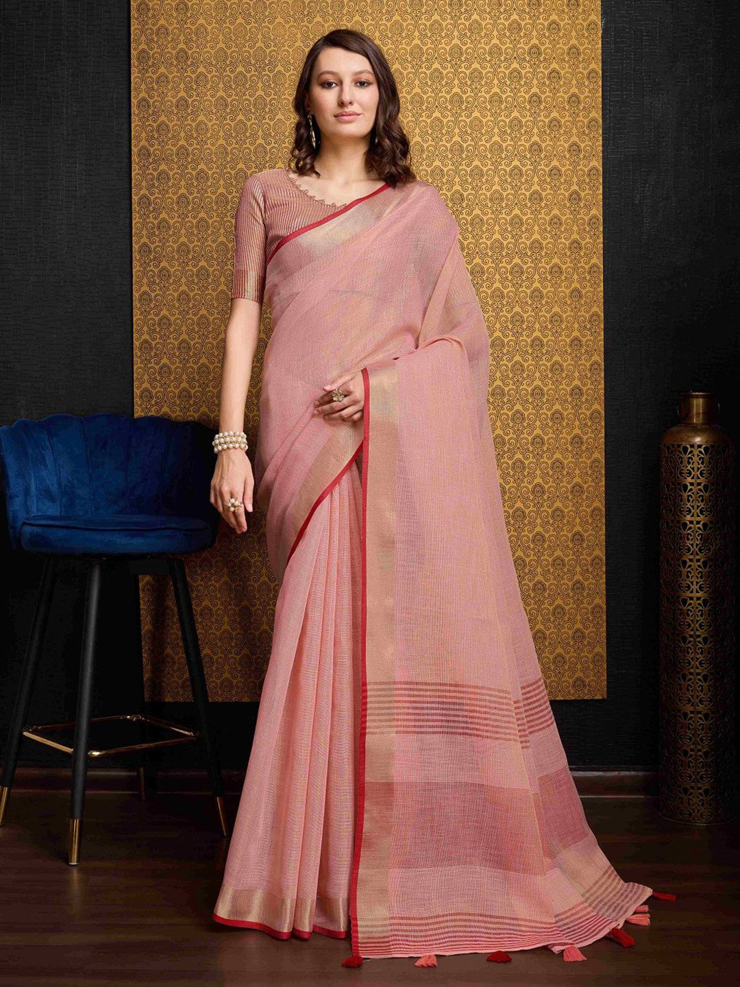 SWORNOF Zari Pure Linen Saree With Blouse Piece