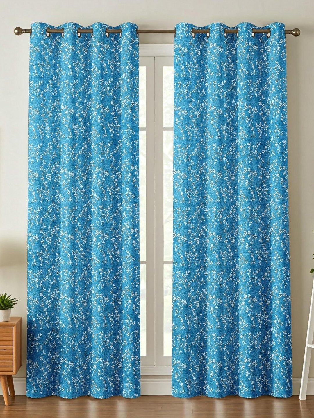 Myntra Elegant Homes Turquoise Blue & White Set of 2 Floral Door Curtain