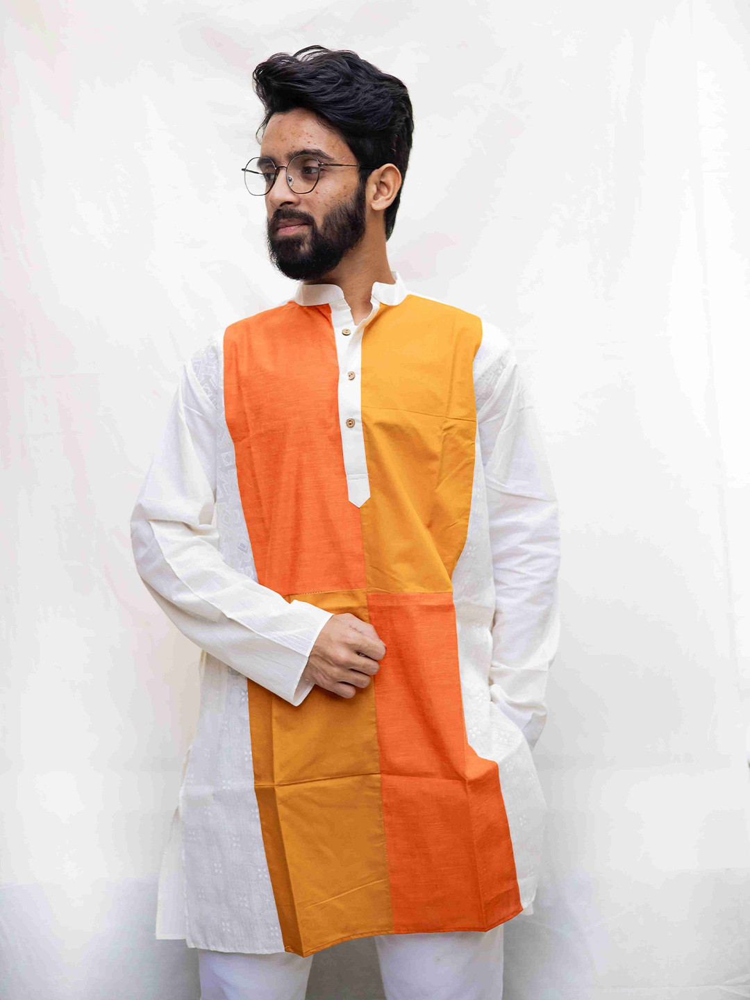 HAMSAFAR Men Colourblocked Upcycle Mustard Yellow Kurta