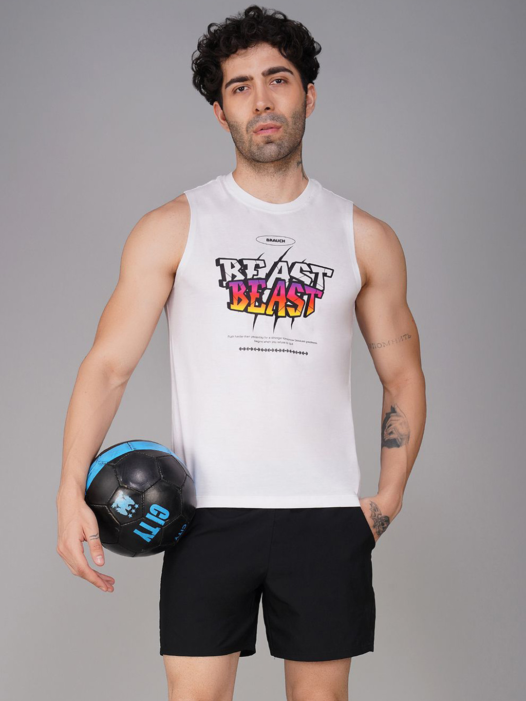 Brauch Printed Round Neck Gym Vest - M-VEST-BEAST-WHT-S