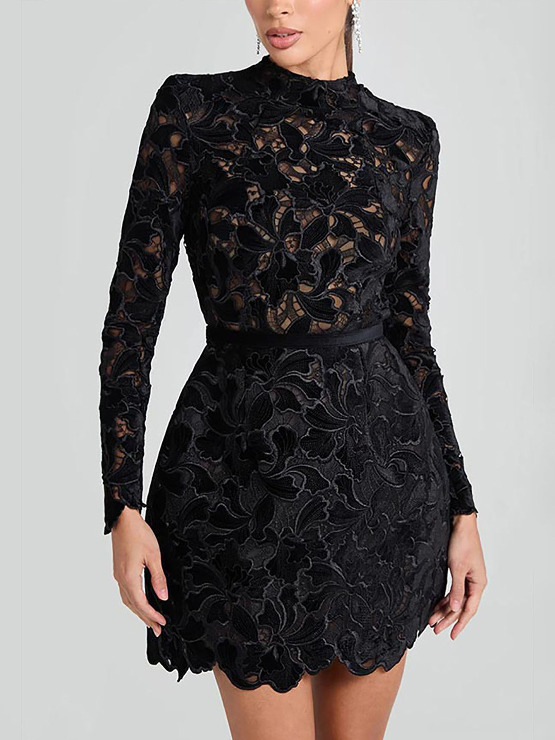 bebe Black Cut-Out Lace Mock Neck Long Sleeve Fit & Flare Mini Dress