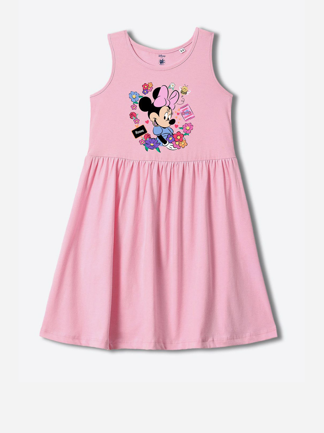 YK Disney Girl Minnie Printed Pleated Fit & Flare Cotton Dress