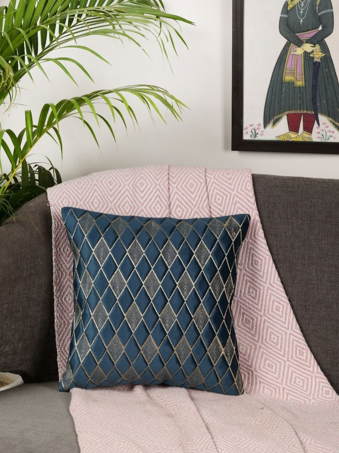 MONKDECOR Diamond Geometric Velvet Washable 5 Pcs Embroidered Cushion Covers - 12x12In